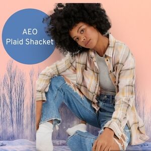 Nwt American Eagle Outfitters Beige & Pink Plaid Flannel Shirt Shacket Sz Large